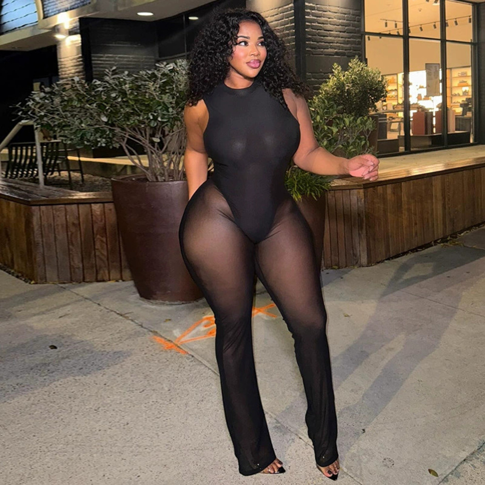 ZARA Womens Sheer Mesh Backless Sexy Jumpsuit Crew Neck Slim Fit Sporty